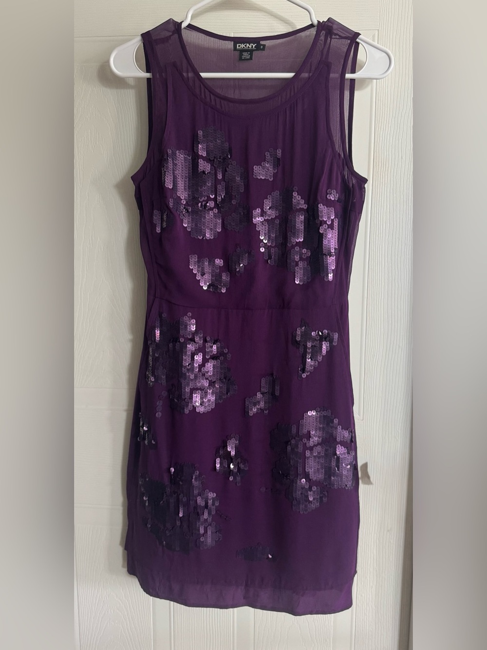 DKNY Plum Purple 100% Silk Sequin Floral Sleeveless Dress Size 0